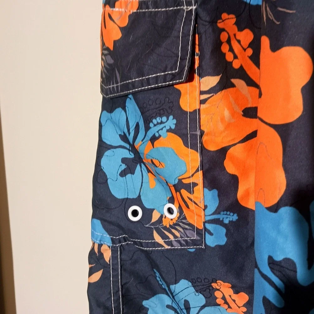 Six Islands Mens 3X Swim Trunks Navy Blue Orange Hibiscus Floral Tropical Shorts